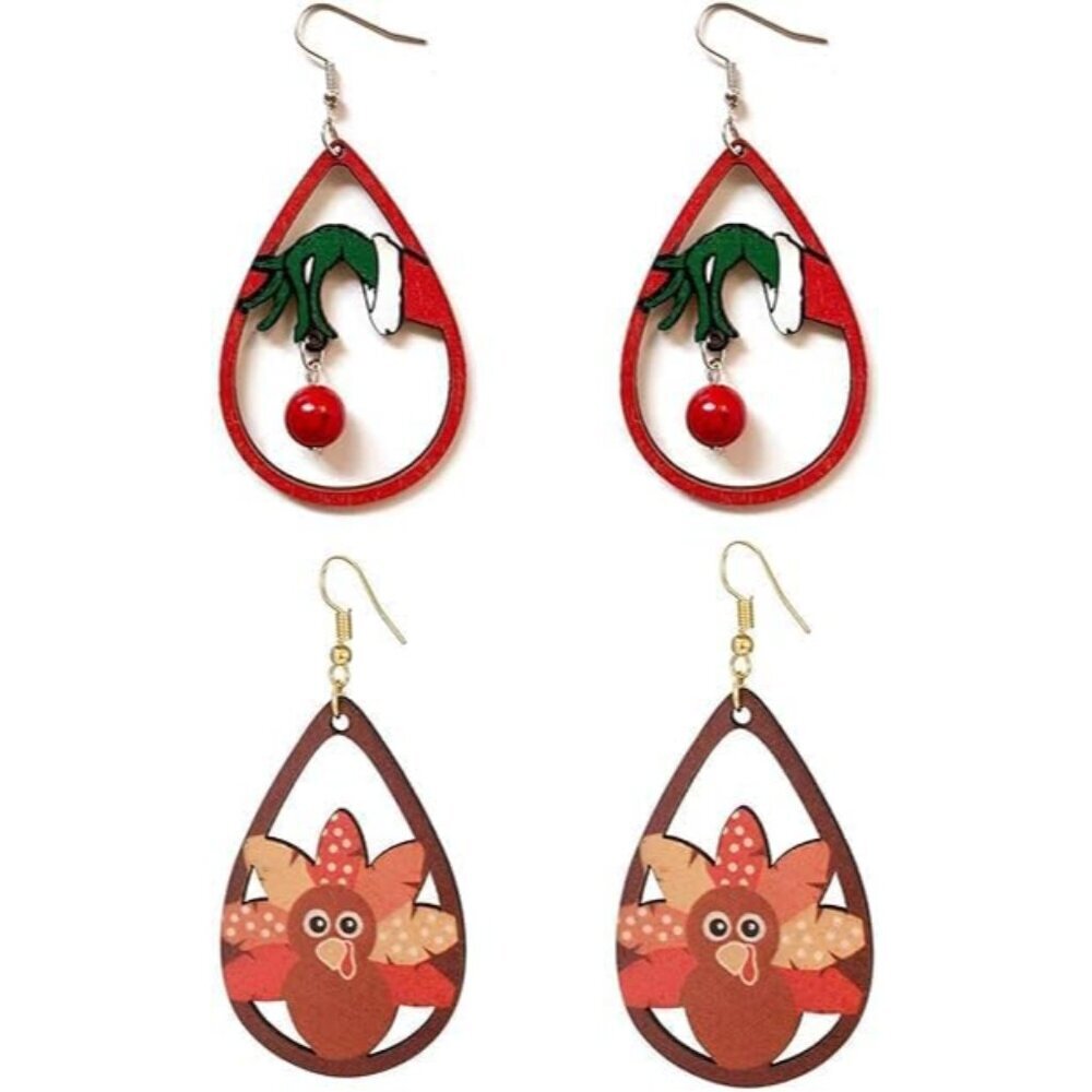 2 pairs Christmas Thanksgiving Earrings for Women Christmas Wooden Painted Teard